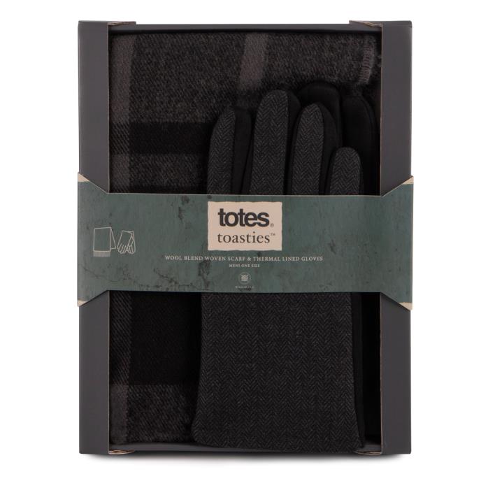 totes toasties® Mens Wool Blend Check Scarf & Thermal Lined Gloves Gift Set Black Extra Image 3
